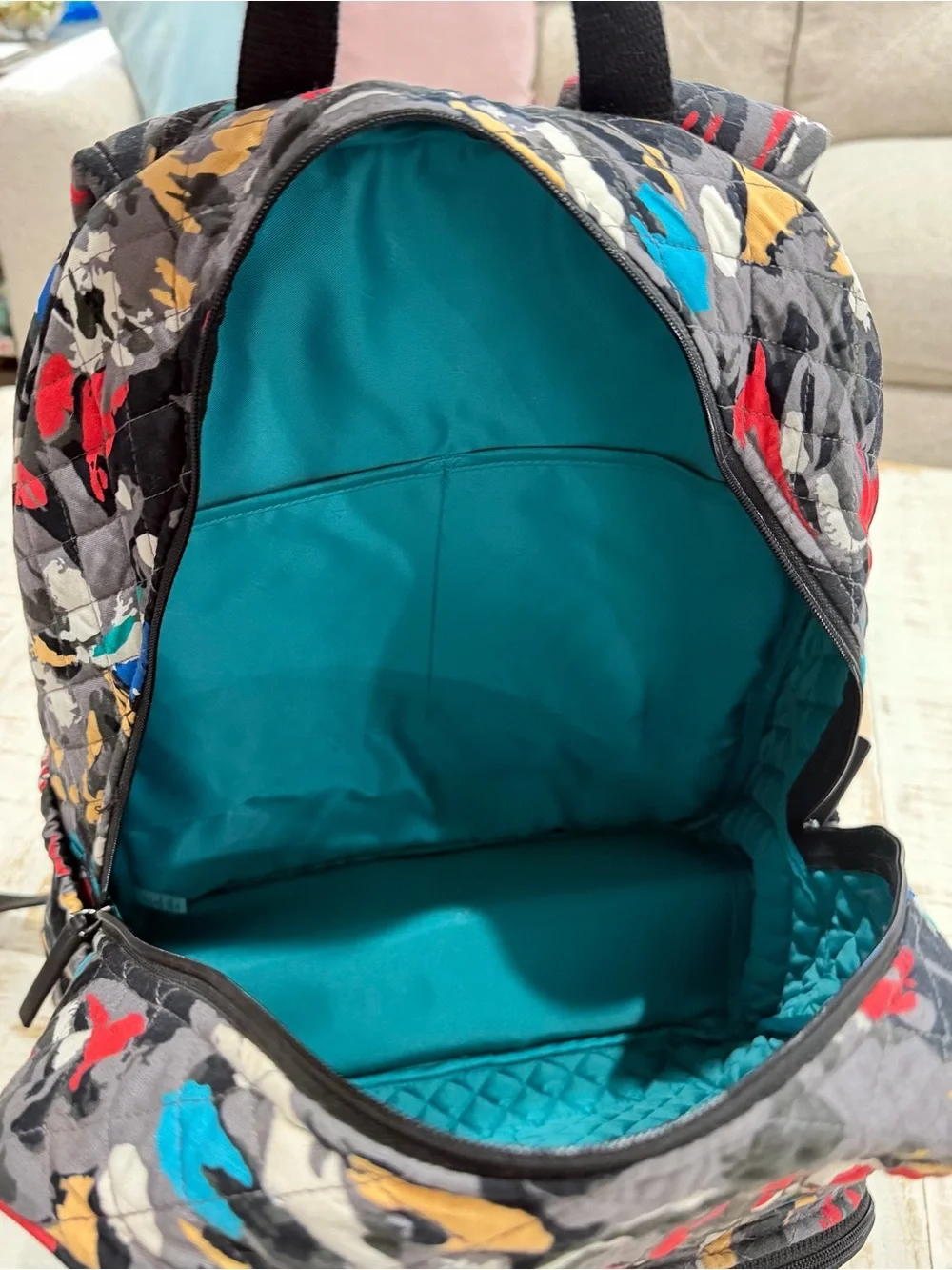 Vera Bradley Backpack Splash Floral Black Quilted with Red, Blue & Yellow